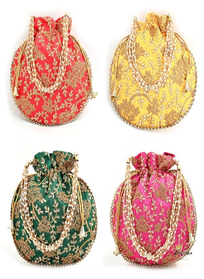 FeelOrna handicrafts and jewellery Wristlets Ethnic Potli For Women's | Designer Rajasthani Style Royal Clutch Silk Batwa Bag | Potli Bags(Pack of 4,Multicolor) - Image 2